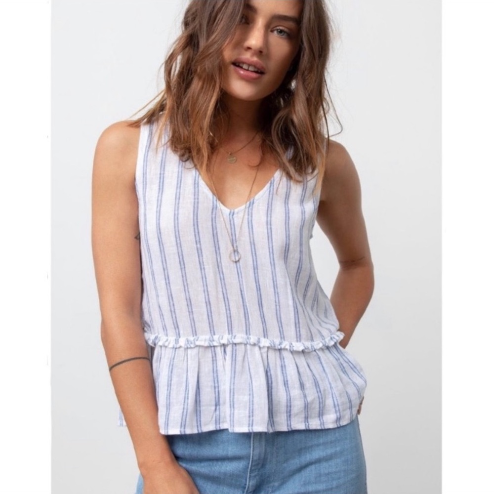 Rails Mira Stripe Linen Blend Sleeveless Peplum Top in Marine Stripe Size XS